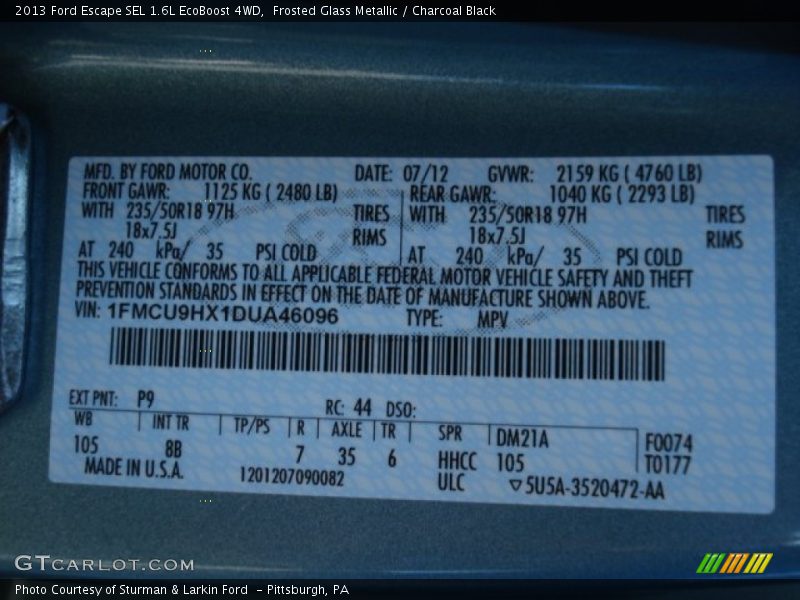2013 Escape SEL 1.6L EcoBoost 4WD Frosted Glass Metallic Color Code P9