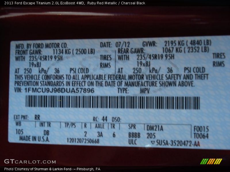 2013 Escape Titanium 2.0L EcoBoost 4WD Ruby Red Metallic Color Code RR