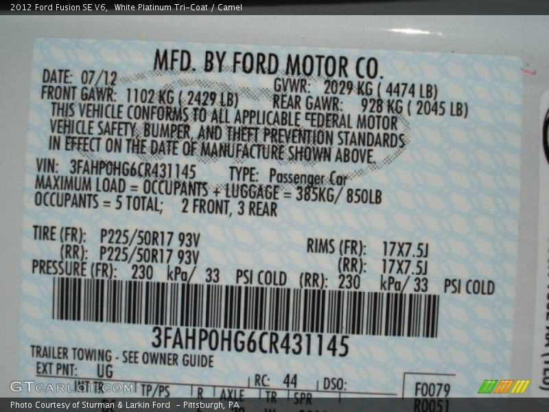 White Platinum Tri-Coat / Camel 2012 Ford Fusion SE V6