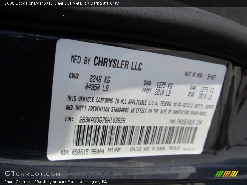 Steel Blue Metallic / Dark Slate Gray 2008 Dodge Charger SXT