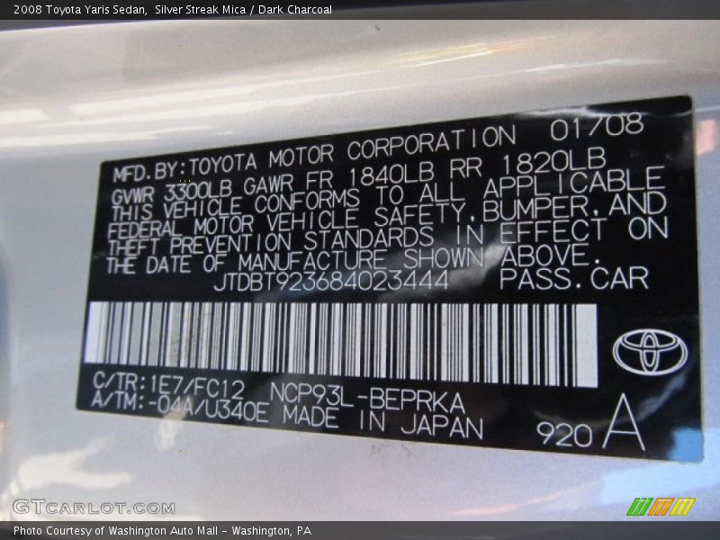 Silver Streak Mica / Dark Charcoal 2008 Toyota Yaris Sedan