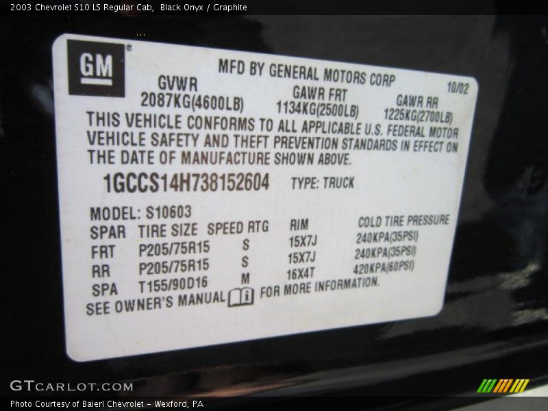 Black Onyx / Graphite 2003 Chevrolet S10 LS Regular Cab