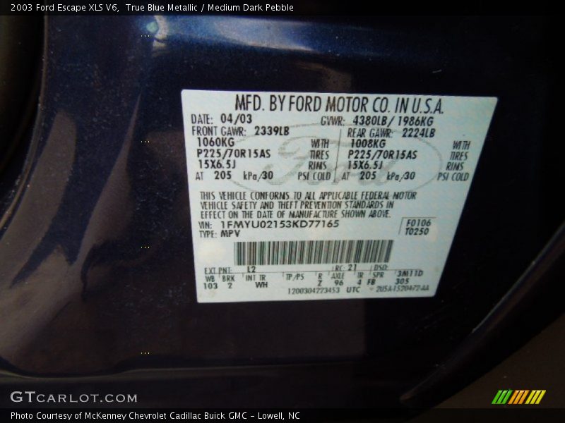 True Blue Metallic / Medium Dark Pebble 2003 Ford Escape XLS V6