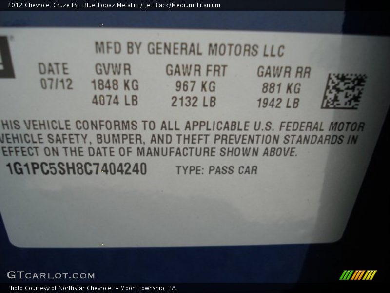 Blue Topaz Metallic / Jet Black/Medium Titanium 2012 Chevrolet Cruze LS