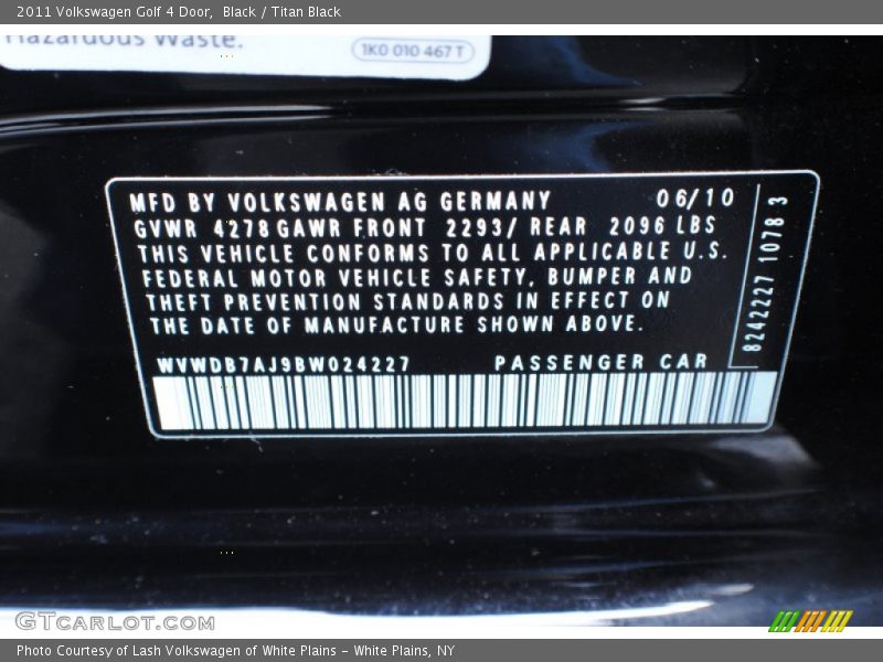 Black / Titan Black 2011 Volkswagen Golf 4 Door