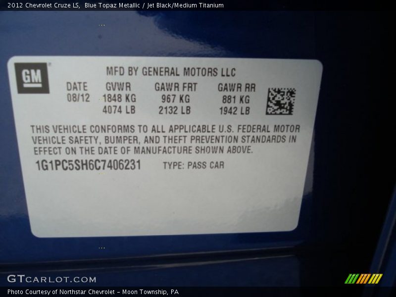 Blue Topaz Metallic / Jet Black/Medium Titanium 2012 Chevrolet Cruze LS