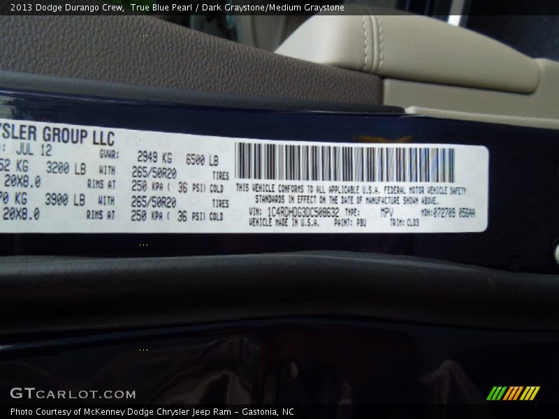 True Blue Pearl / Dark Graystone/Medium Graystone 2013 Dodge Durango Crew