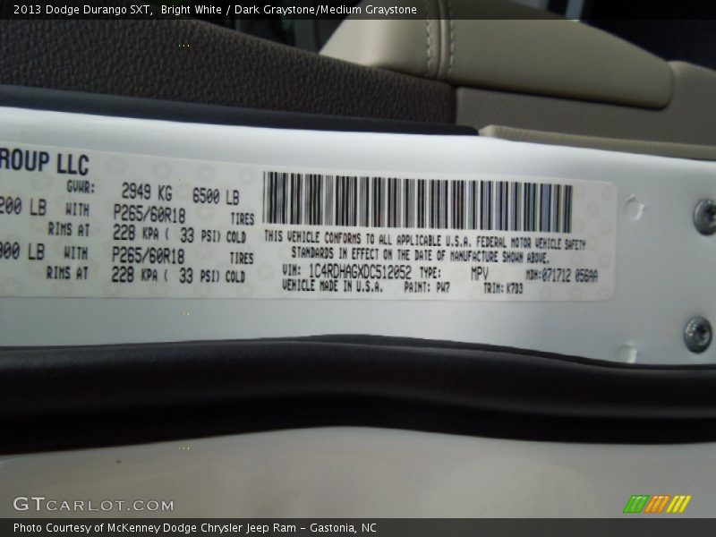 2013 Durango SXT Bright White Color Code PW7