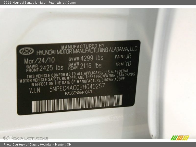 Pearl White / Camel 2011 Hyundai Sonata Limited