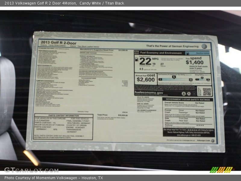  2013 Golf R 2 Door 4Motion Window Sticker