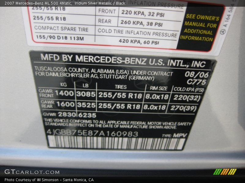 Iridium Silver Metallic / Black 2007 Mercedes-Benz ML 500 4Matic
