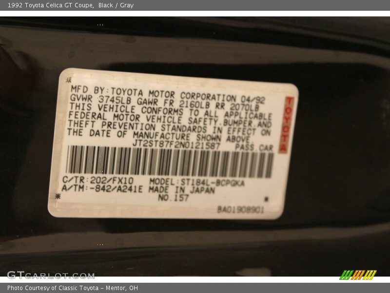 1992 Celica GT Coupe Black Color Code 202