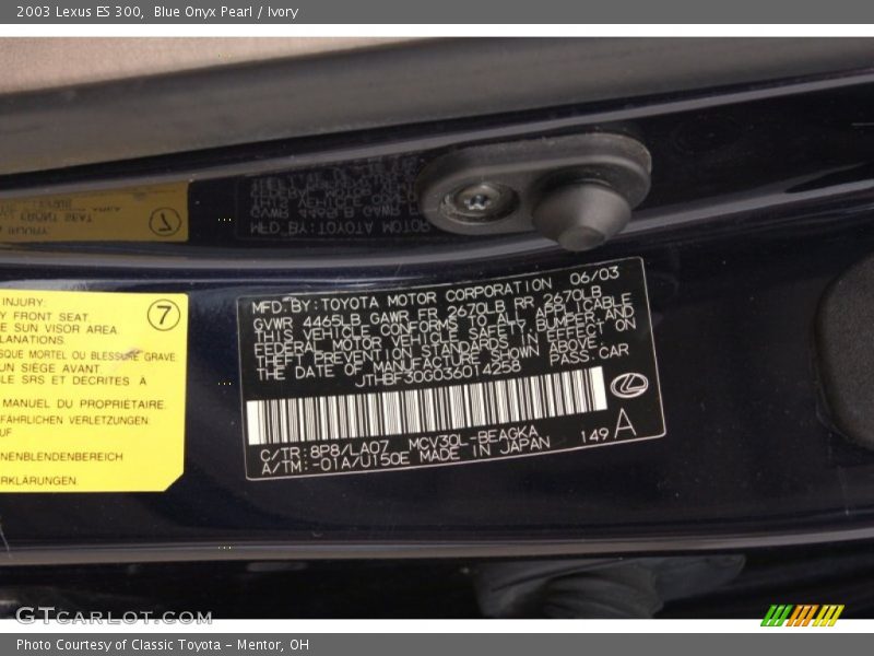 2003 ES 300 Blue Onyx Pearl Color Code 8P8