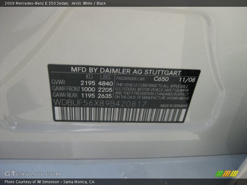 Arctic White / Black 2009 Mercedes-Benz E 350 Sedan