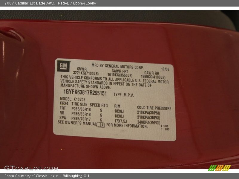 Red-E / Ebony/Ebony 2007 Cadillac Escalade AWD