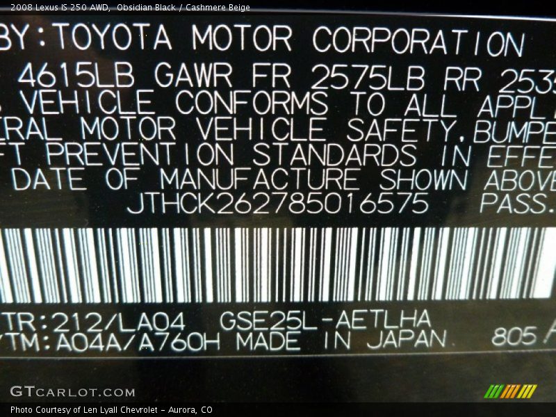 Obsidian Black / Cashmere Beige 2008 Lexus IS 250 AWD