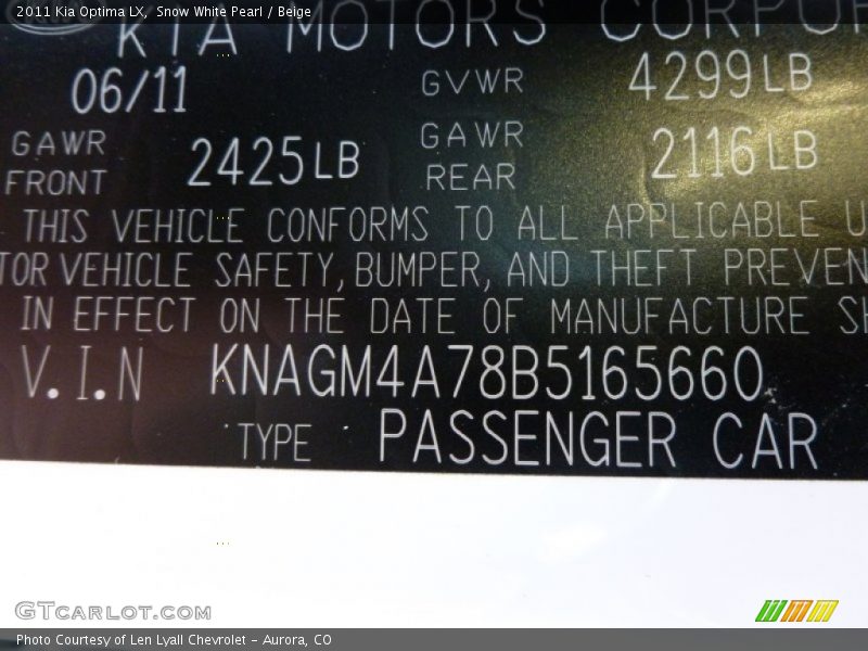 Snow White Pearl / Beige 2011 Kia Optima LX
