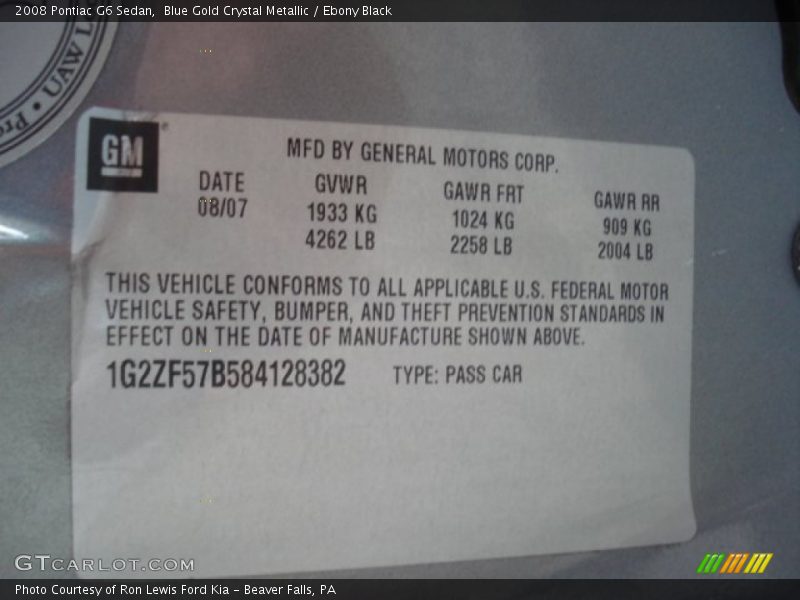 Blue Gold Crystal Metallic / Ebony Black 2008 Pontiac G6 Sedan