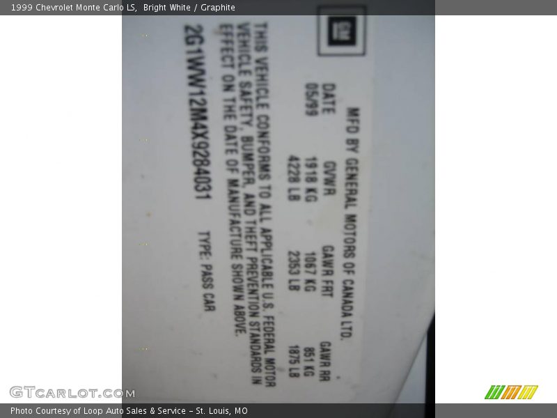 Bright White / Graphite 1999 Chevrolet Monte Carlo LS