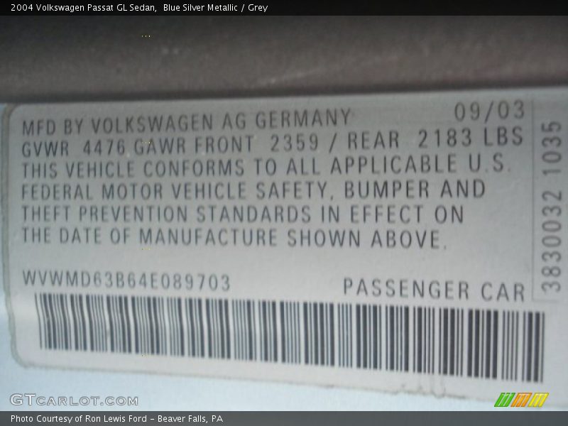 Blue Silver Metallic / Grey 2004 Volkswagen Passat GL Sedan