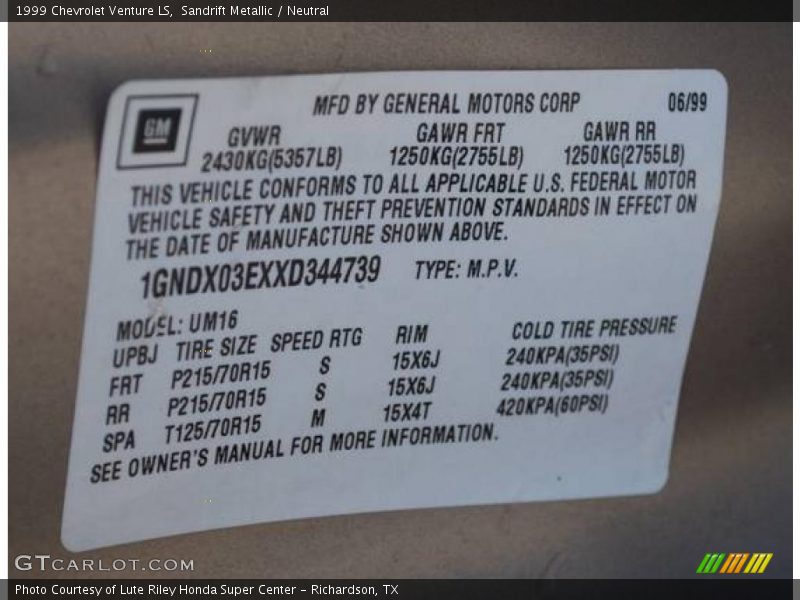 Sandrift Metallic / Neutral 1999 Chevrolet Venture LS