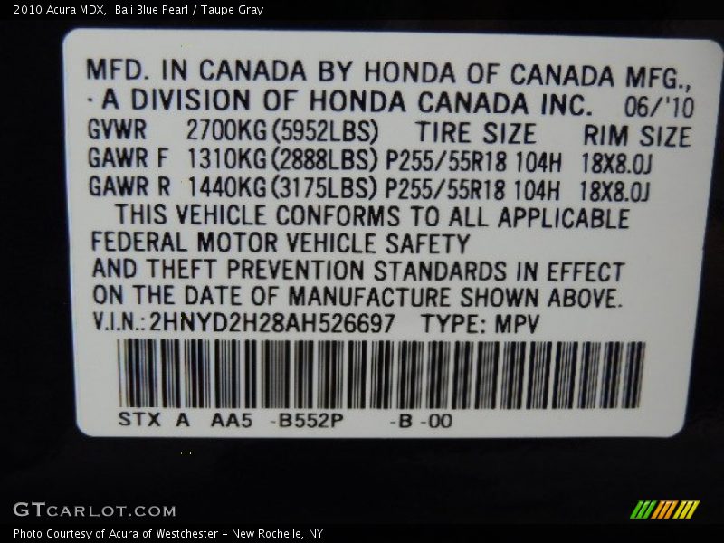 2010 MDX  Bali Blue Pearl Color Code B552P