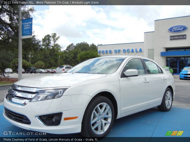 White Platinum Tri-Coat / Medium Light Stone 2012 Ford Fusion SEL
