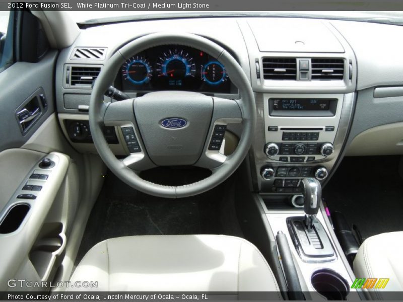 White Platinum Tri-Coat / Medium Light Stone 2012 Ford Fusion SEL