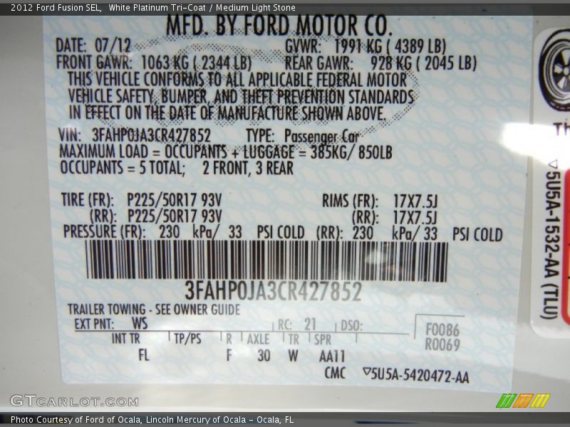 White Platinum Tri-Coat / Medium Light Stone 2012 Ford Fusion SEL