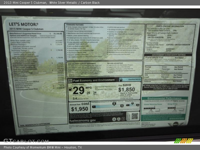  2013 Cooper S Clubman Window Sticker