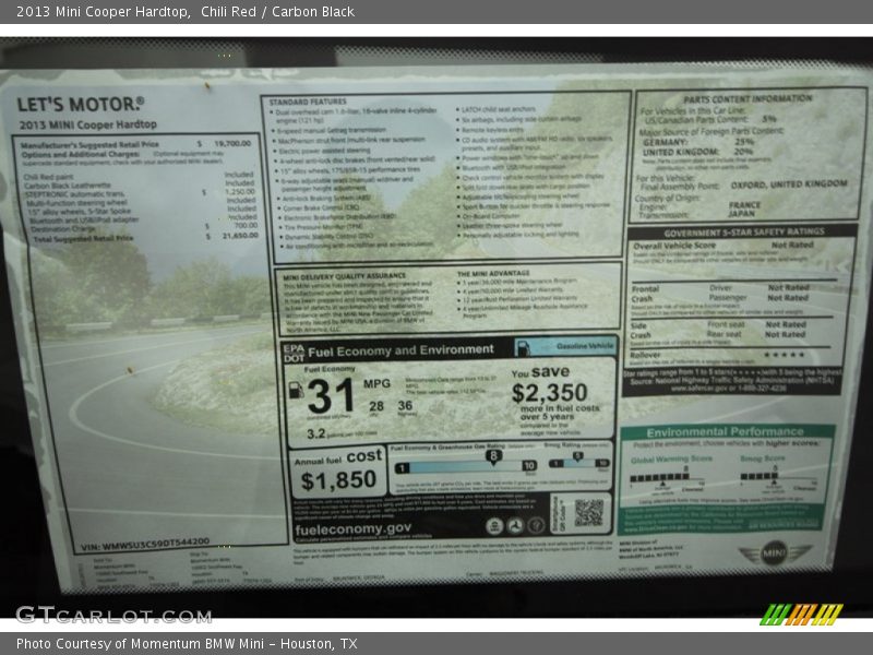 Chili Red / Carbon Black 2013 Mini Cooper Hardtop