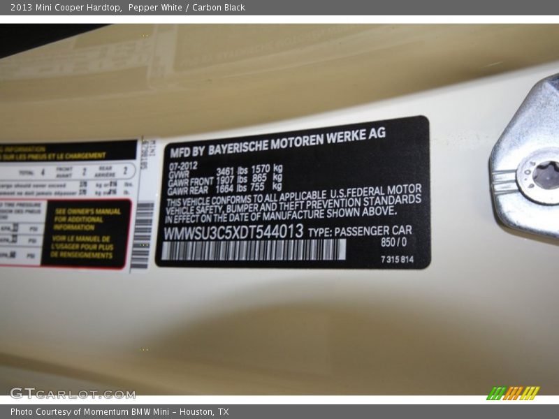 2013 Cooper Hardtop Pepper White Color Code 850