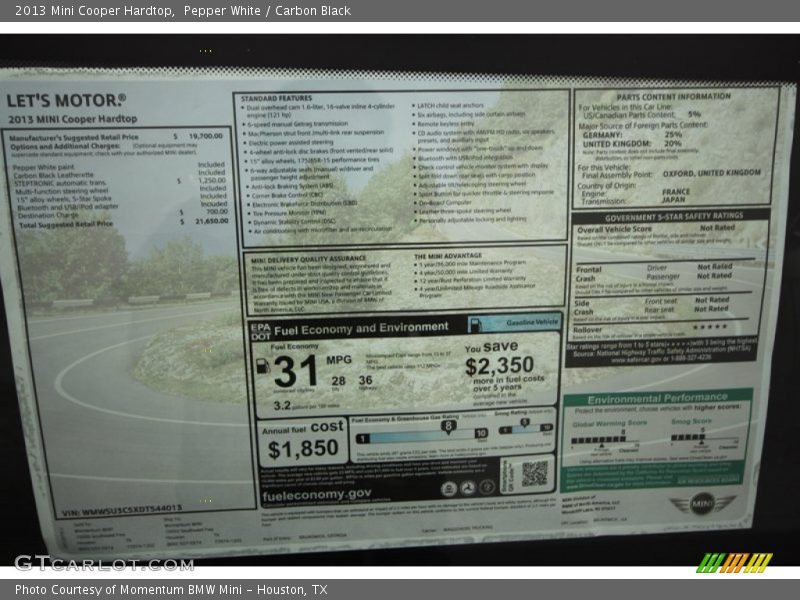  2013 Cooper Hardtop Window Sticker