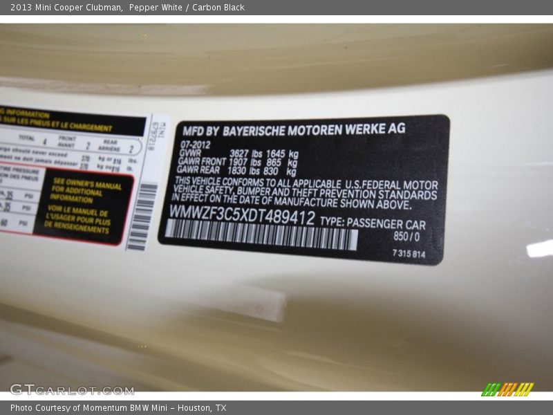 2013 Cooper Clubman Pepper White Color Code 850
