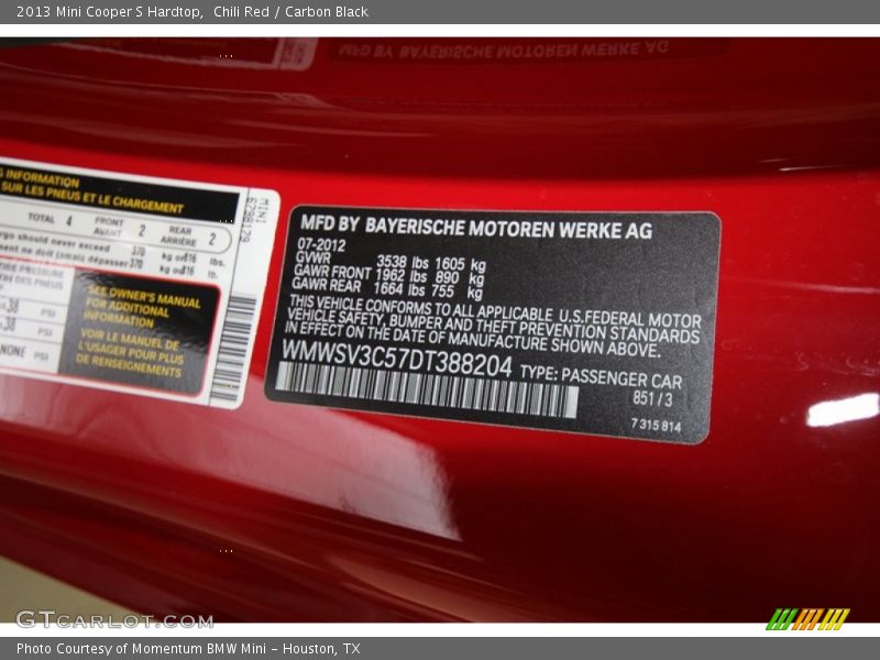 2013 Cooper S Hardtop Chili Red Color Code 851