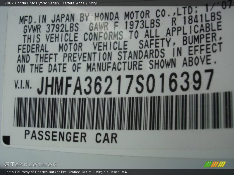 Taffeta White / Ivory 2007 Honda Civic Hybrid Sedan