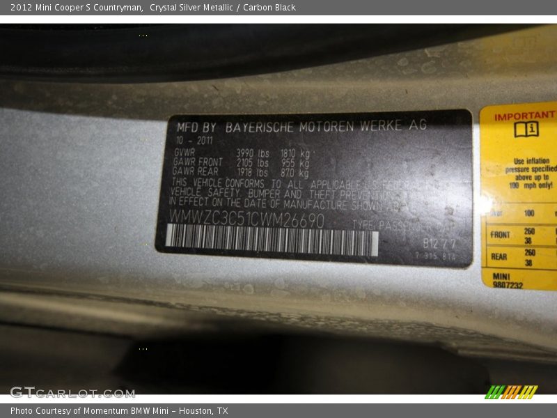 Crystal Silver Metallic / Carbon Black 2012 Mini Cooper S Countryman
