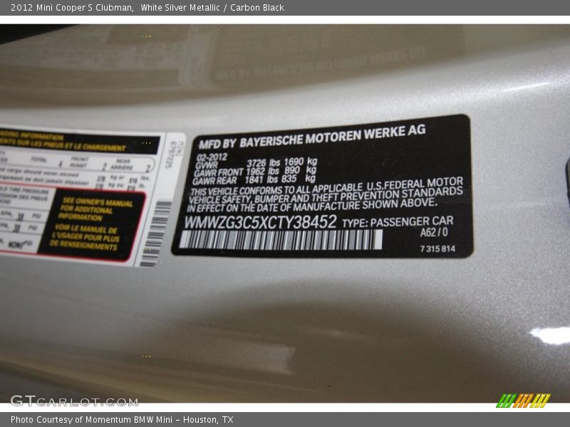 White Silver Metallic / Carbon Black 2012 Mini Cooper S Clubman