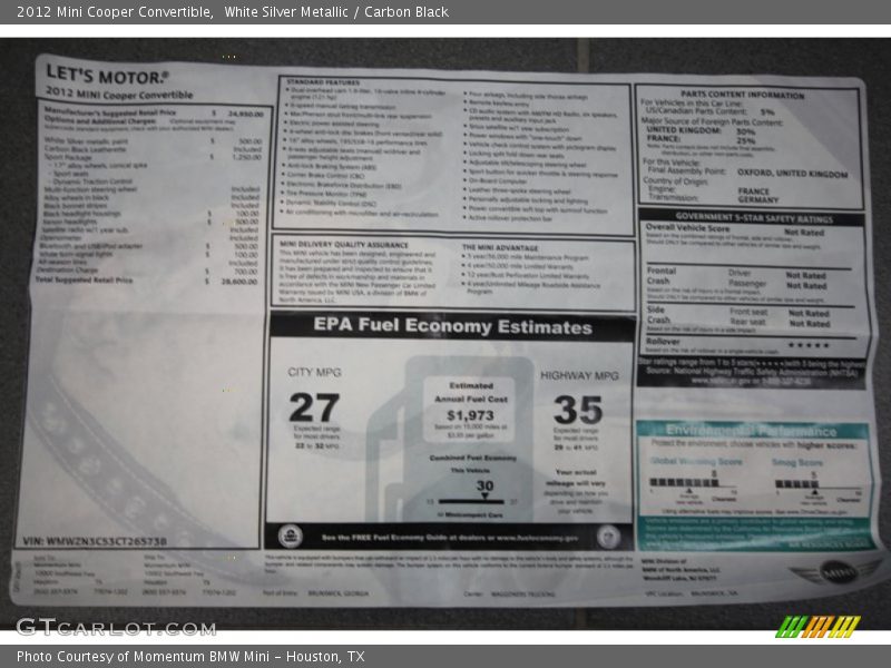 White Silver Metallic / Carbon Black 2012 Mini Cooper Convertible