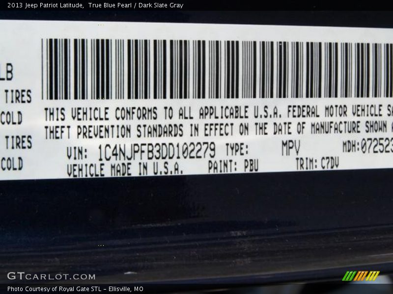 2013 Patriot Latitude True Blue Pearl Color Code PBU