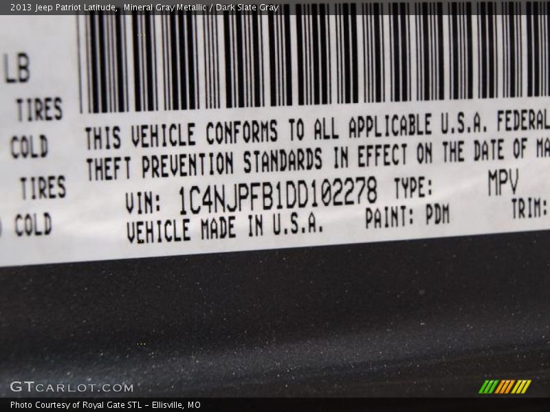 2013 Patriot Latitude Mineral Gray Metallic Color Code PDM