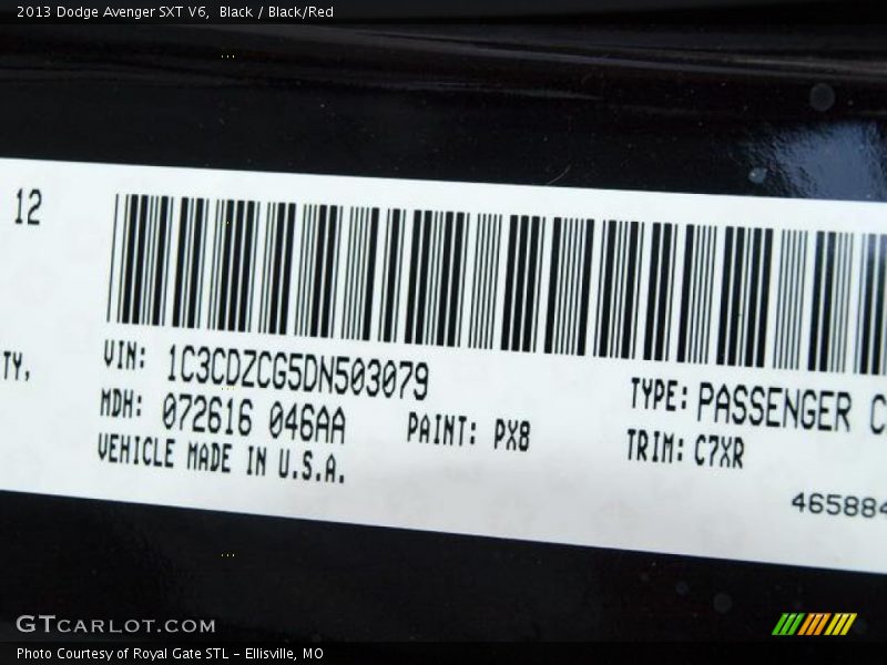 2013 Avenger SXT V6 Black Color Code PX8