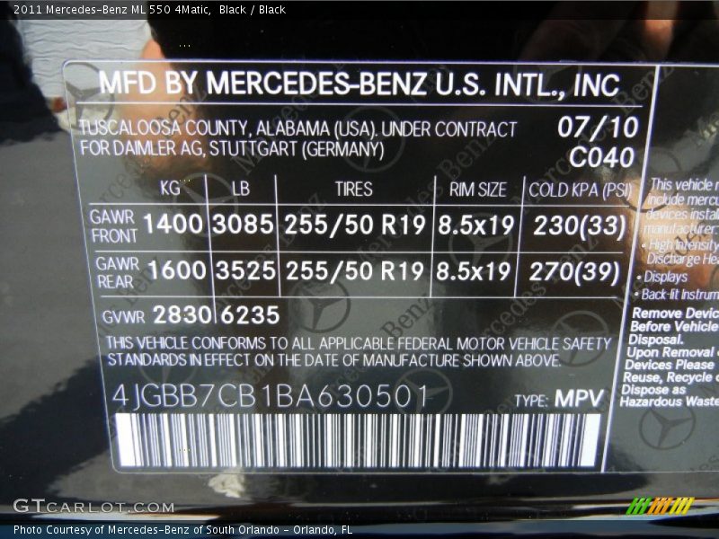 Black / Black 2011 Mercedes-Benz ML 550 4Matic