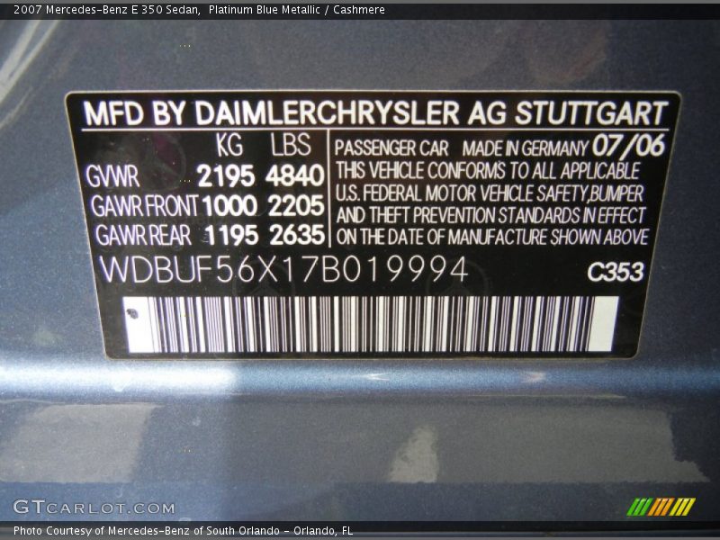 2007 E 350 Sedan Platinum Blue Metallic Color Code 353