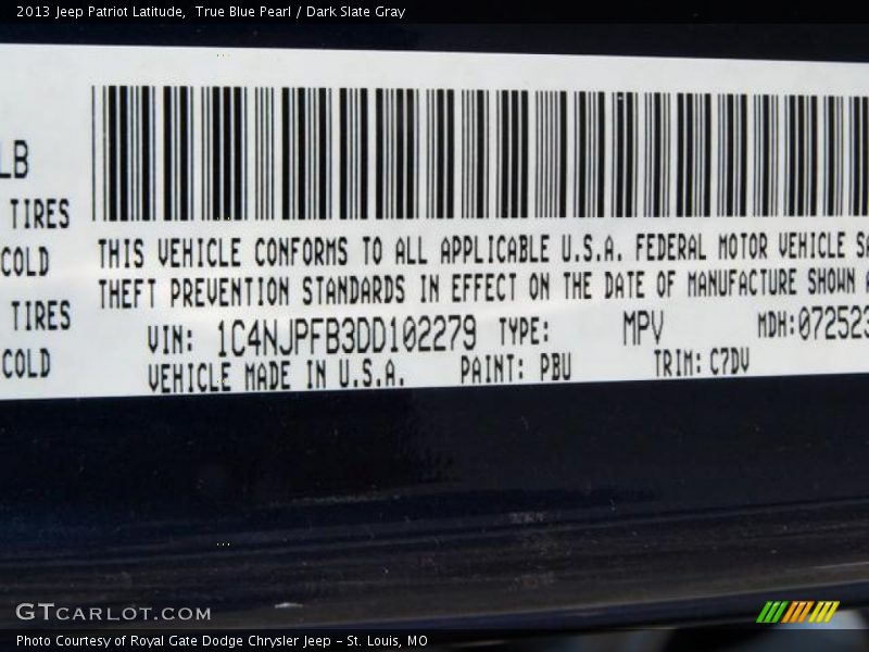2013 Patriot Latitude True Blue Pearl Color Code PBU