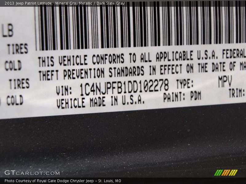 2013 Patriot Latitude Mineral Gray Metallic Color Code PDM