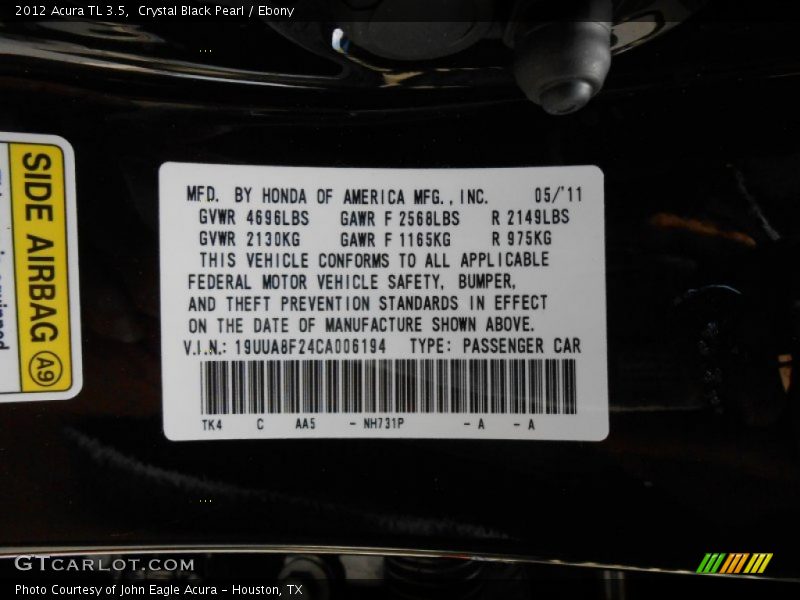 Crystal Black Pearl / Ebony 2012 Acura TL 3.5