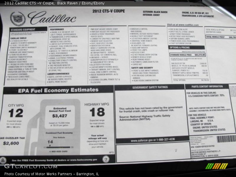  2012 CTS -V Coupe Window Sticker