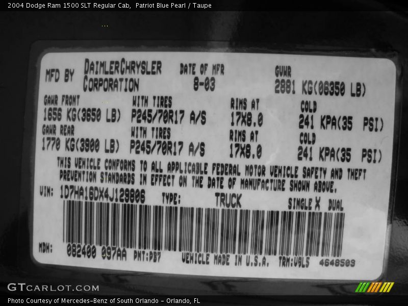 2004 Ram 1500 SLT Regular Cab Patriot Blue Pearl Color Code PB7