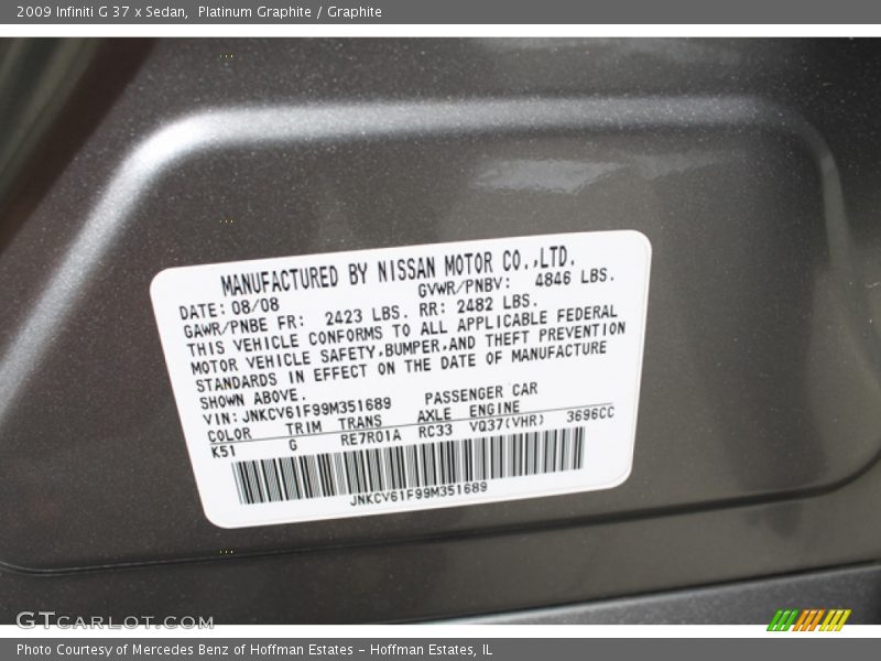 Platinum Graphite / Graphite 2009 Infiniti G 37 x Sedan